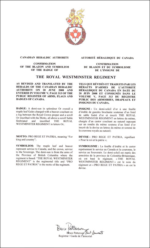 Lettres patentes confirmant le blasonnement de l'insigne de The Royal Westminster Regiment