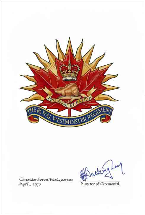 Letters patent confirming the blazon of the Badge of The Royal Westminster Regiment