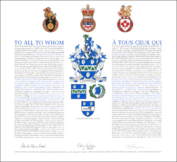 Letters patent granting heraldic emblems to James William Clarke