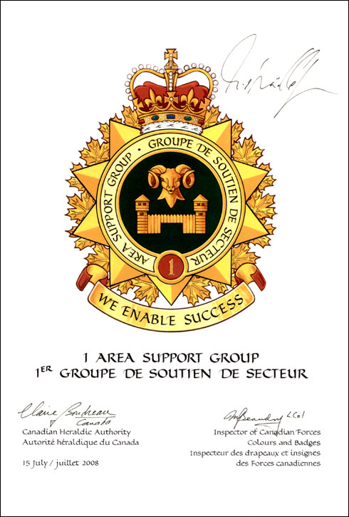 Letters patent approving the Badge of 1 Area Support Group