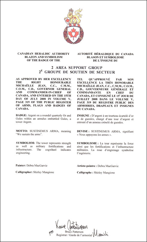 Lettres patentes approuvant l'insigne du 2e Groupe de soutien de secteur