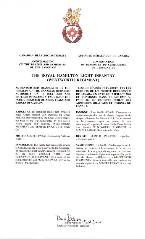 Lettres patentes confirmant le blasonnement de l'insigne de The Royal Hamilton Light Infantry (Wentworth Regiment)