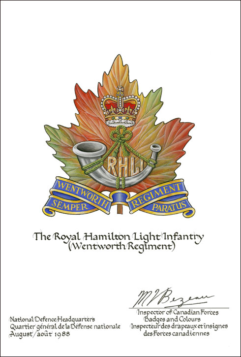 Lettres patentes confirmant le blasonnement de l'insigne de The Royal Hamilton Light Infantry (Wentworth Regiment)