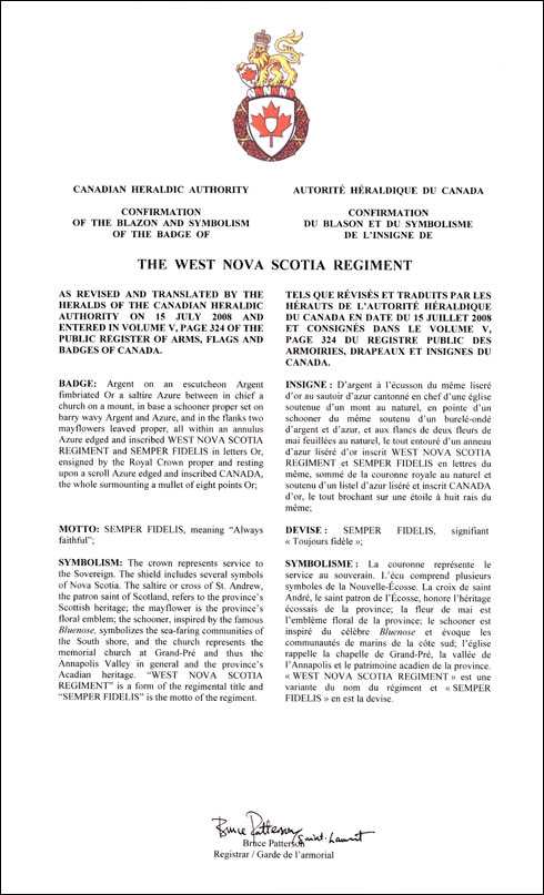 Lettres patentes confirmant le blasonnement de l'insigne de The West Nova Scotia Regiment