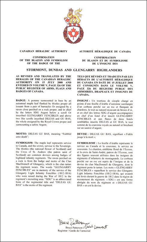 Lettres patentes confirmant le blasonnement de l'insigne des Stormont, Dundas and Glengarry Highlanders