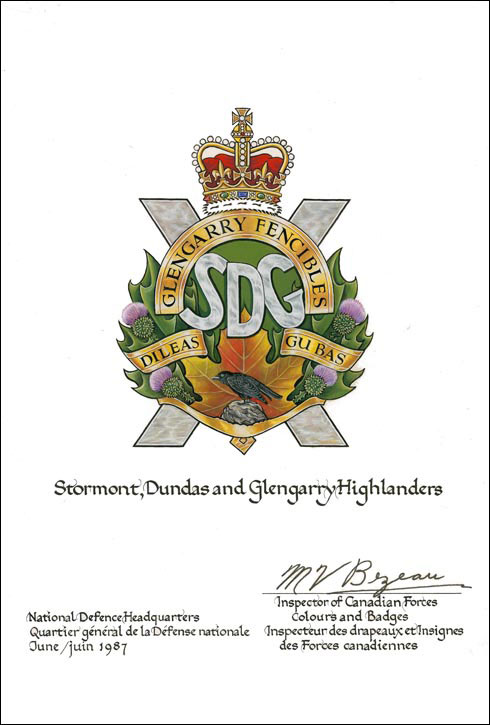 Lettres patentes confirmant le blasonnement de l'insigne des Stormont, Dundas and Glengarry Highlanders