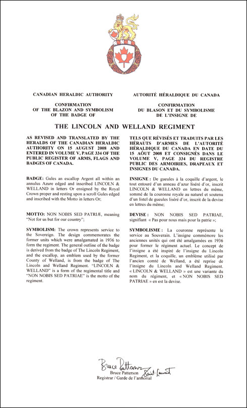 Lettres pantentes confirmant le blasonnement de l'insigne de The Lincoln and Welland Regiment