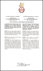 Lettres pantentes confirmant le blasonnement de l'insigne de The Lincoln and Welland Regiment