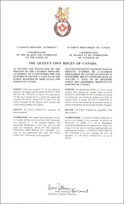 Lettres patentes confirmant le blasonnement de l'insigne de The Queen’s Own Rifles of Canada