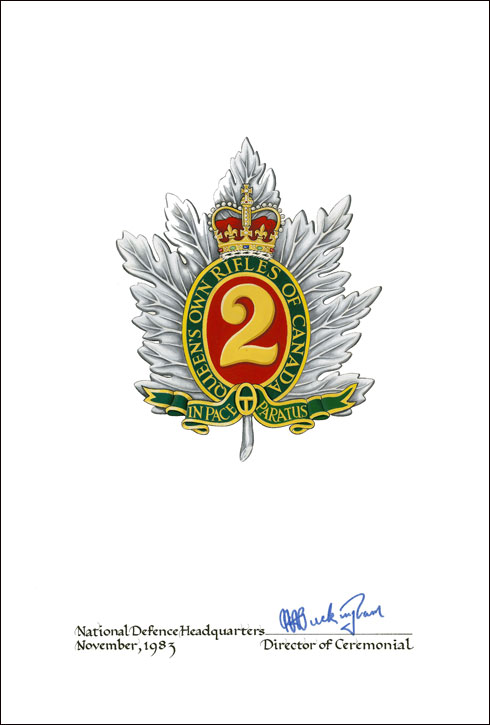 Lettres patentes confirmant le blasonnement de l'insigne de The Queen’s Own Rifles of Canada