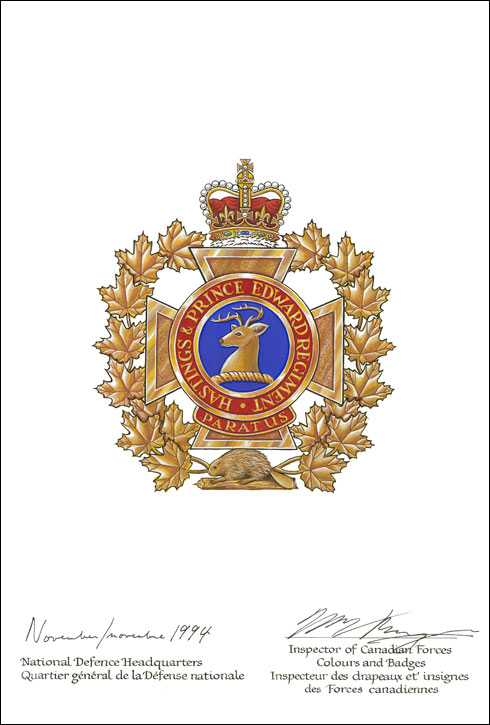 Lettres patentes confirmant le blasonnement de l'insigne de The Hastings and Prince Edward Regiment