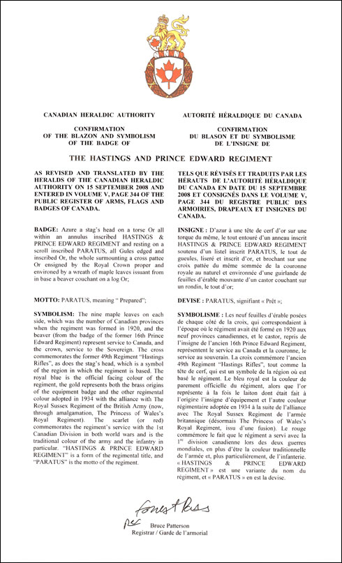 Lettres patentes confirmant le blasonnement de l'insigne de The Hastings and Prince Edward Regiment