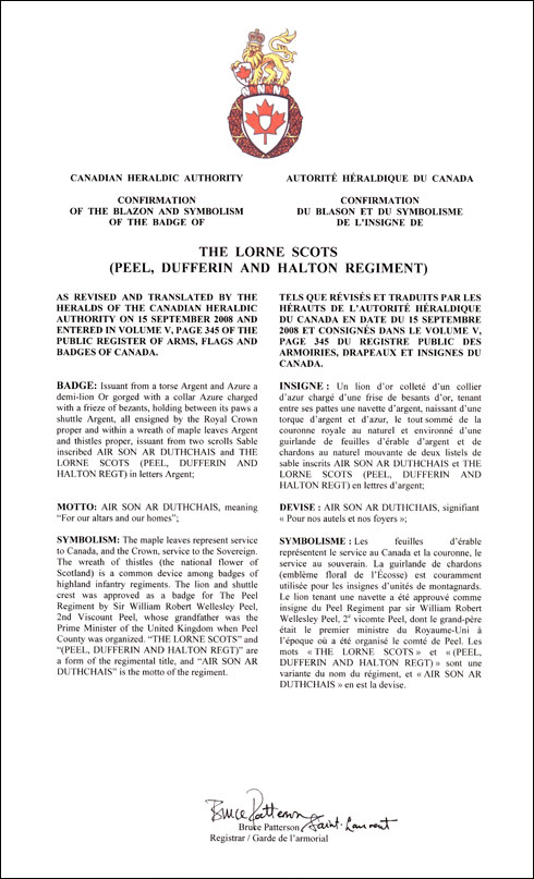 Letters patent confirming the blazon of the Badge of The Lorne Scots (Peel, Dufferin and Halton Regiment)