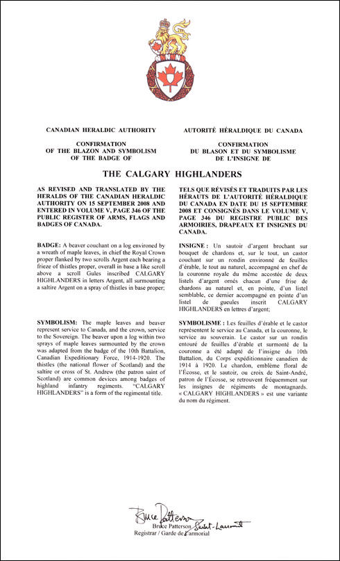 Lettres patentes confirmant le blasonnement de l'insigne de The Calgary Highlanders