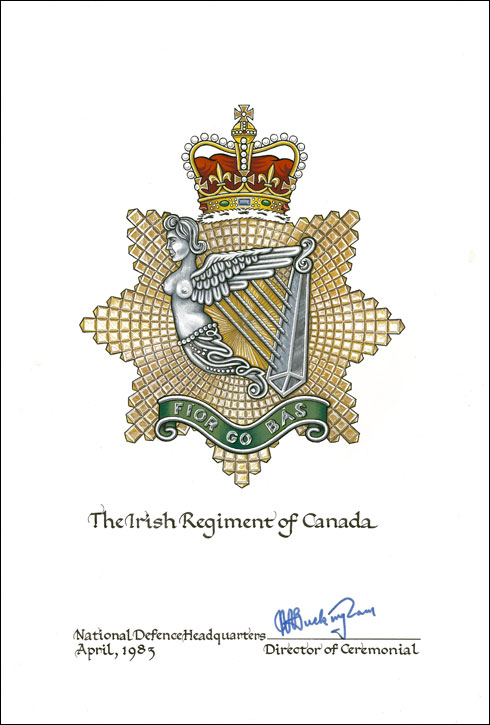 Lettres patentes confirmant le blasonnement  de l'insigne du Irish Regiment of Canada