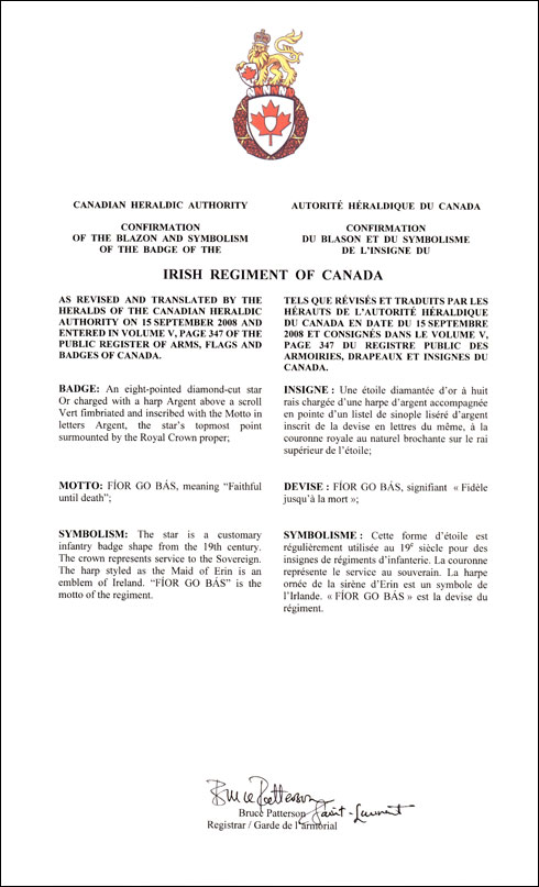 Lettres patentes confirmant le blasonnement  de l'insigne du Irish Regiment of Canada