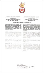 Lettres patentes confirmant le blasonnement  de l'insigne du Irish Regiment of Canada