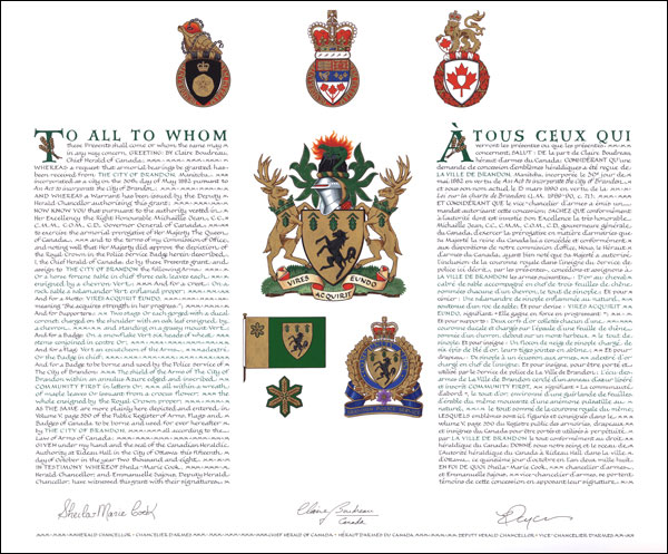 Letters patent granting heraldic emblems to The City of Brandon