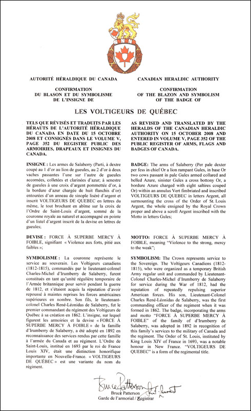 Letters patent confirming the blazon of the Badge of Les Voltigeurs de Québec