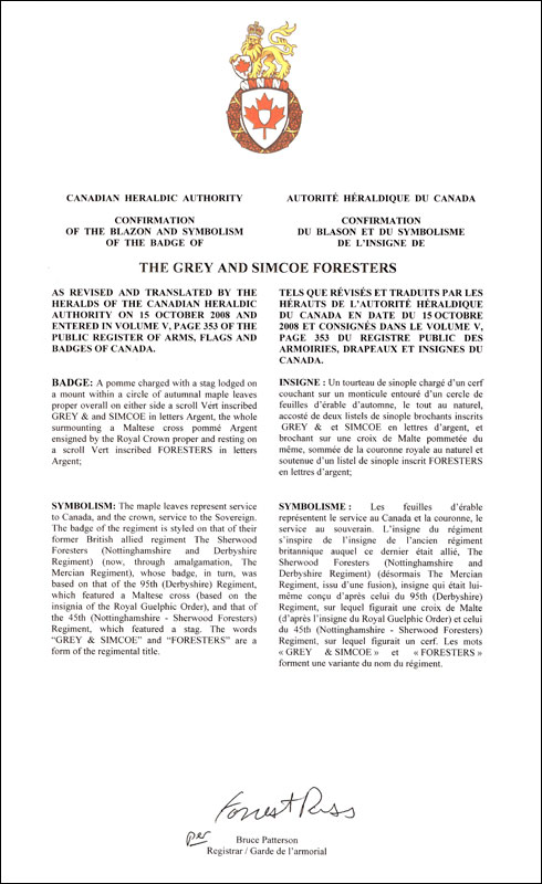 Lettres patentes confirmant le blasonnement de l'insigne de The Grey and Simcoe Foresters