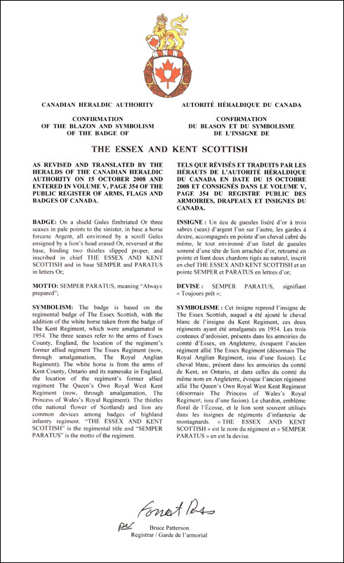 Letters patent confirming the blazon of the Badge of The Essex and Kent Scottish