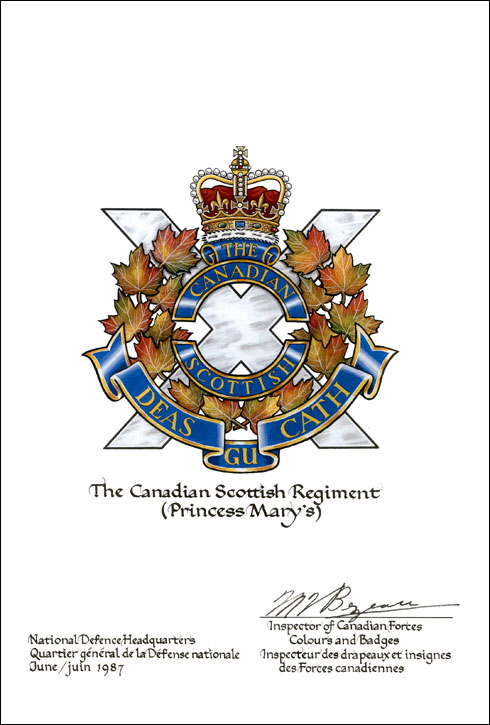 Letters patent confirming the blazon of the Badge of The Canadian Scottish Regiment (Princess Mary’s)