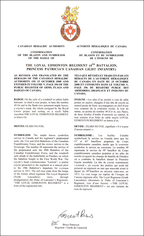 Letters patent confirming the blazon of the Badge of The Loyal Edmonton Regiment (4th Battalion, Princess Patricia’s Canadian Light Infantry)