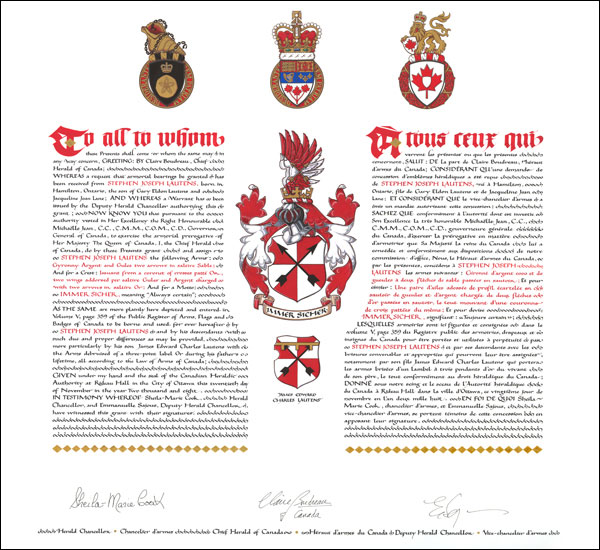 Letters patent granting heraldic emblems to Stephen Joseph Lautens