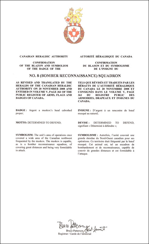 Letters patent confirming the blazon of the Badge of the No. 8 (Bomber Reconnaissance) Squadron