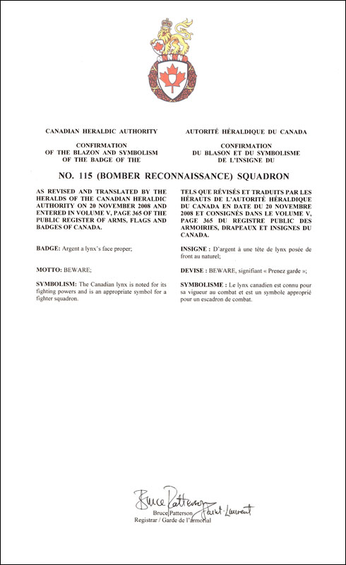 Letters patent confirming the blazon of the Badge of the No. 115 (Bomber Reconnaissance)