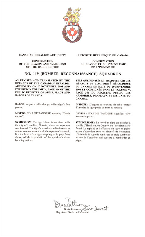 Letters patent confirming the blazon of the Badge of the No. 119 (Bomber Reconnaissance)