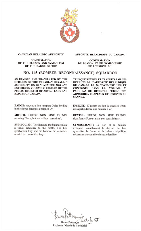 Letters patent confirming the blazon of the Badge of the No. 145 (Bomber Reconnaissance)