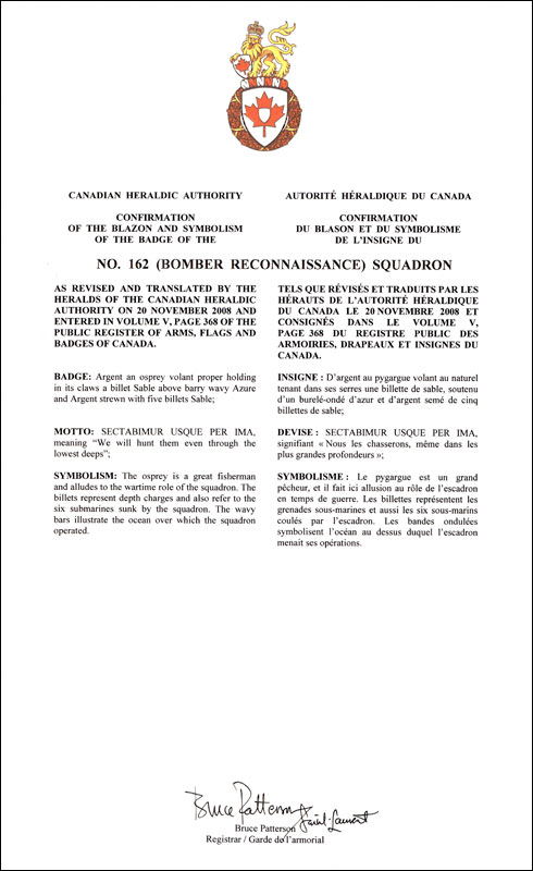 Letters patent confirming the blazon of the Badge of the No. 162 (Bomber Reconnaissance)