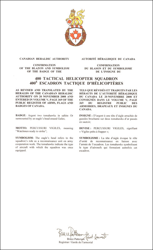 Letters patent confirming the blazon of the Badge of the 400 Tactical Helicopter Squadron