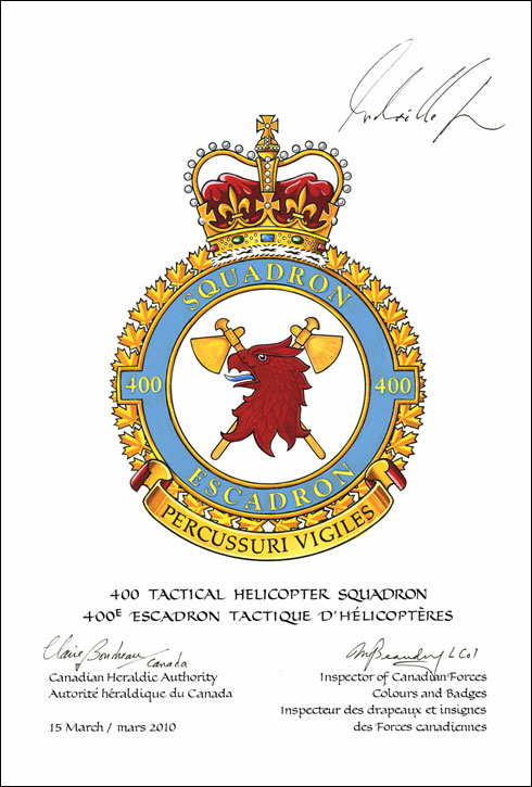 Letters patent confirming the blazon of the Badge of the 400 Tactical Helicopter Squadron