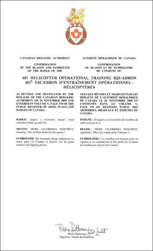 Letters patent confirming the blazon of the Badge of the 401 Helicopter Operational Training Squadron