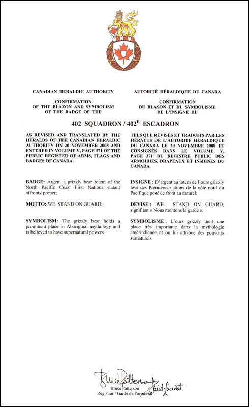 Letters patent confirming the blazon of the Badge of the 402 Squadron