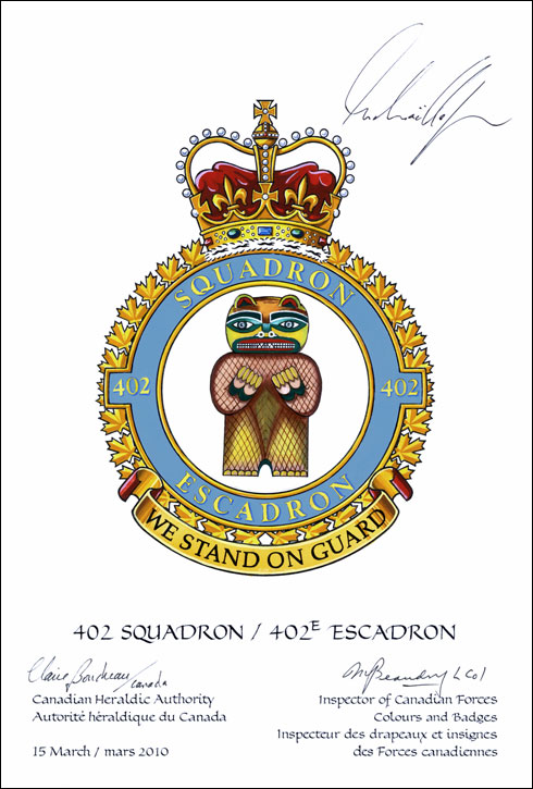 Letters patent confirming the blazon of the Badge of the 402 Squadron