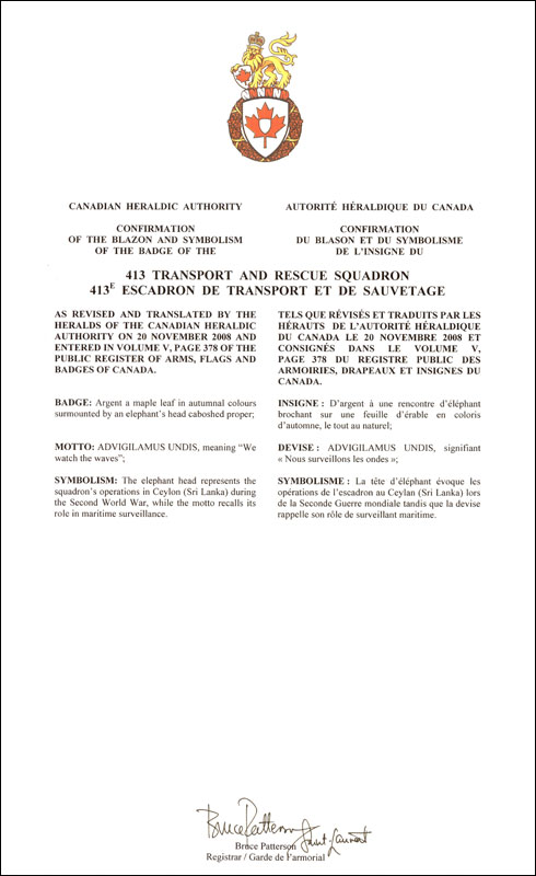 Letters patent confirming the blazon of the Badge of the 413 Transport and Rescue Squadron