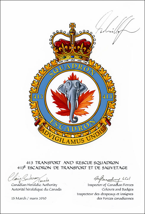 Letters patent confirming the blazon of the Badge of the 413 Transport and Rescue Squadron