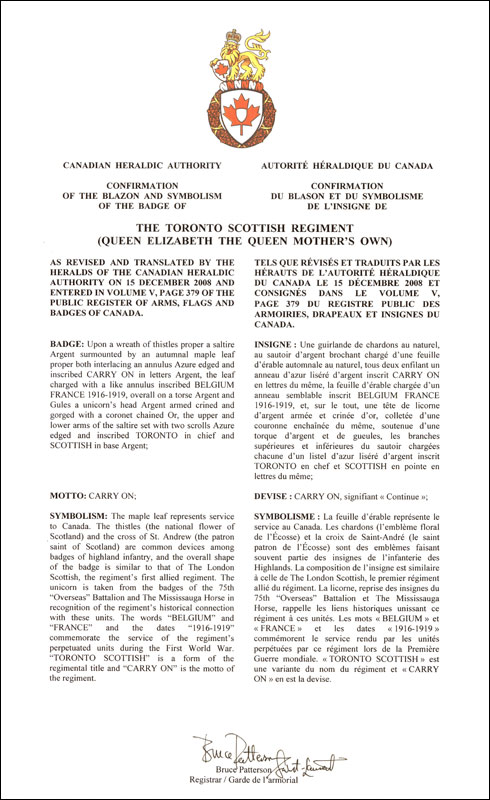 Lettres patentes confirmant le blasonnement de l'insigne de The Toronto Scottish Regiment (Queen Elizabeth The Queen Mother's Own)