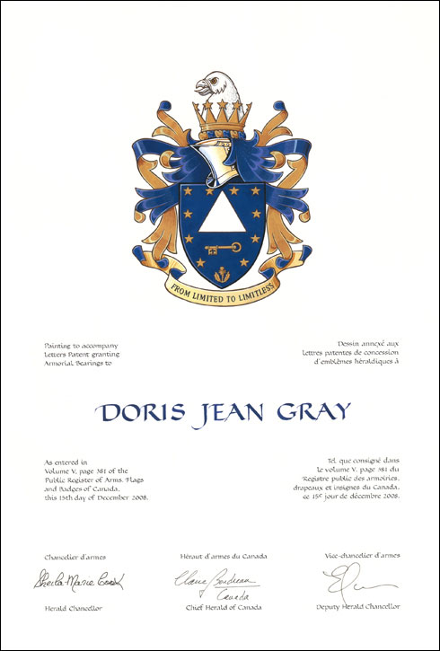 Lettres patentes concédant des emblèmes héraldiques à Doris Jean Gray