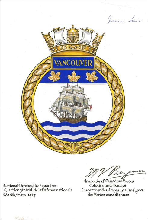 Lettres patentes confirmant le blasonnement de l'insigne du NCSM Vancouver