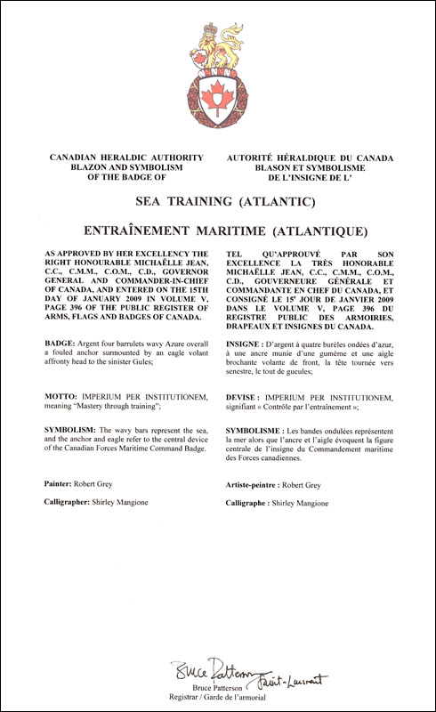 Letters patent approving the Badge of Sea Training (Atlantic)