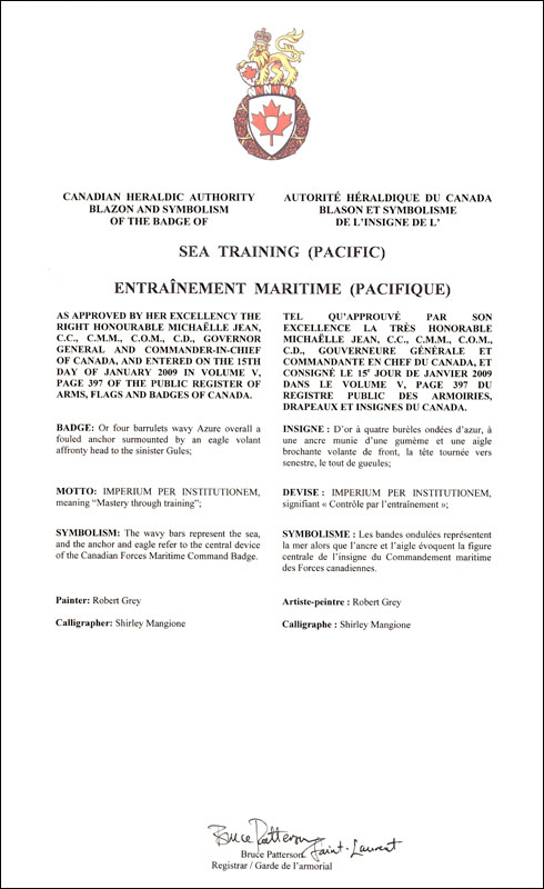 Lettres patentes approuvant l'insigne de l'Entraînement maritime (Pacifique)