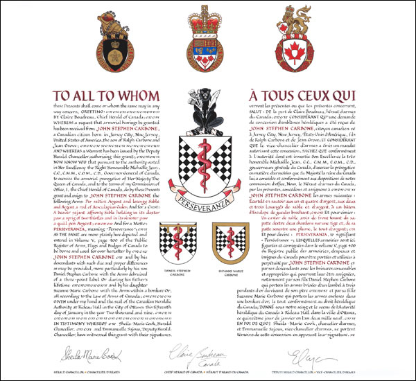 Letters patent granting heraldic emblems to John Stephen Carbone