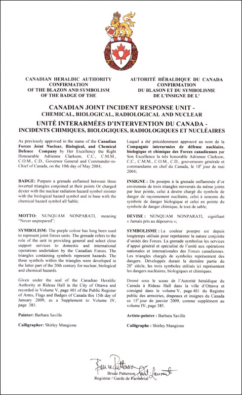 Lettres patentes confirmant le blasonnement de l'insigne de l'Unité interarmées d'intervention du Canada