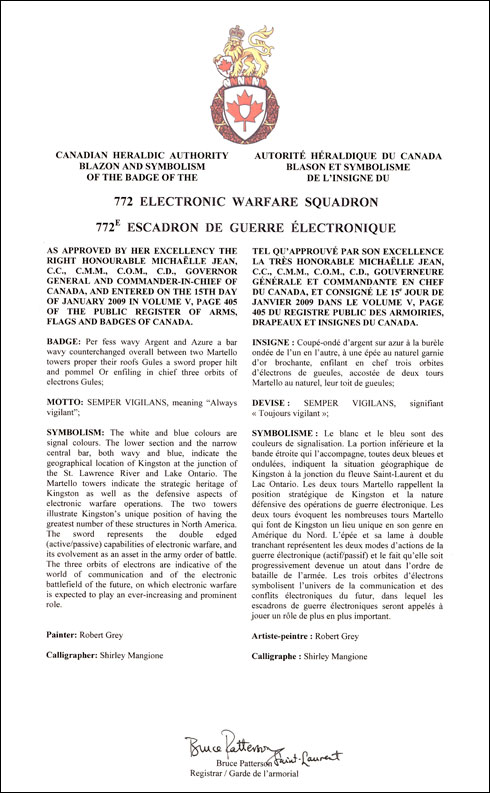 Letters patent approving the Badge of the 772 Electronic Warfare Squadron