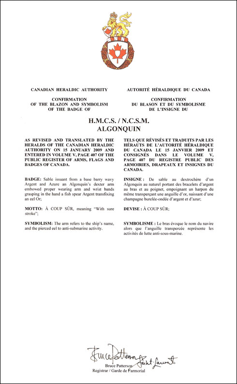 Letters patent confirming the blazon of the Badge of HMCS Algonquin