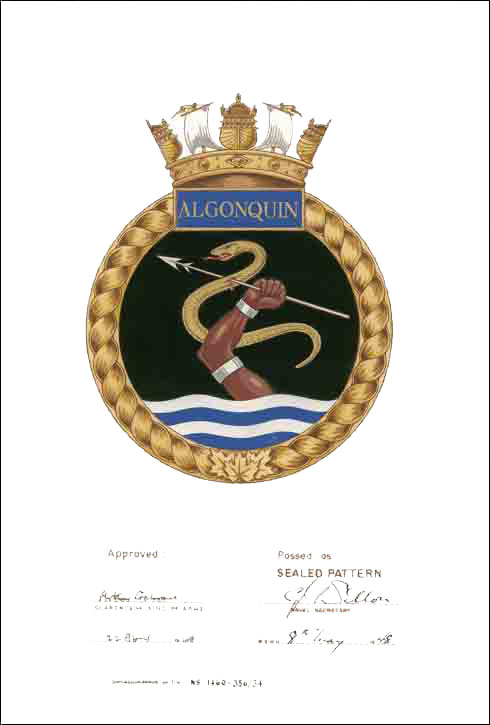 Letters patent confirming the blazon of the Badge of HMCS Algonquin